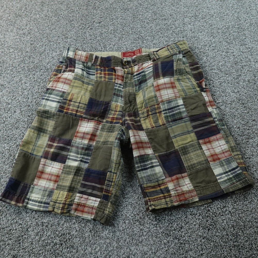 IZOD Shorts Mens 36 Multicolor Patchwork Madras‎ Plaid Flat Front Chino 90s Y2K
